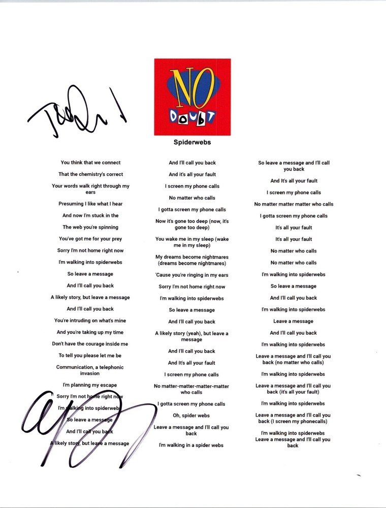 Tom Dumont & Adrian Young No Doubt Spiderwebs Signed Lyric Sheet COA