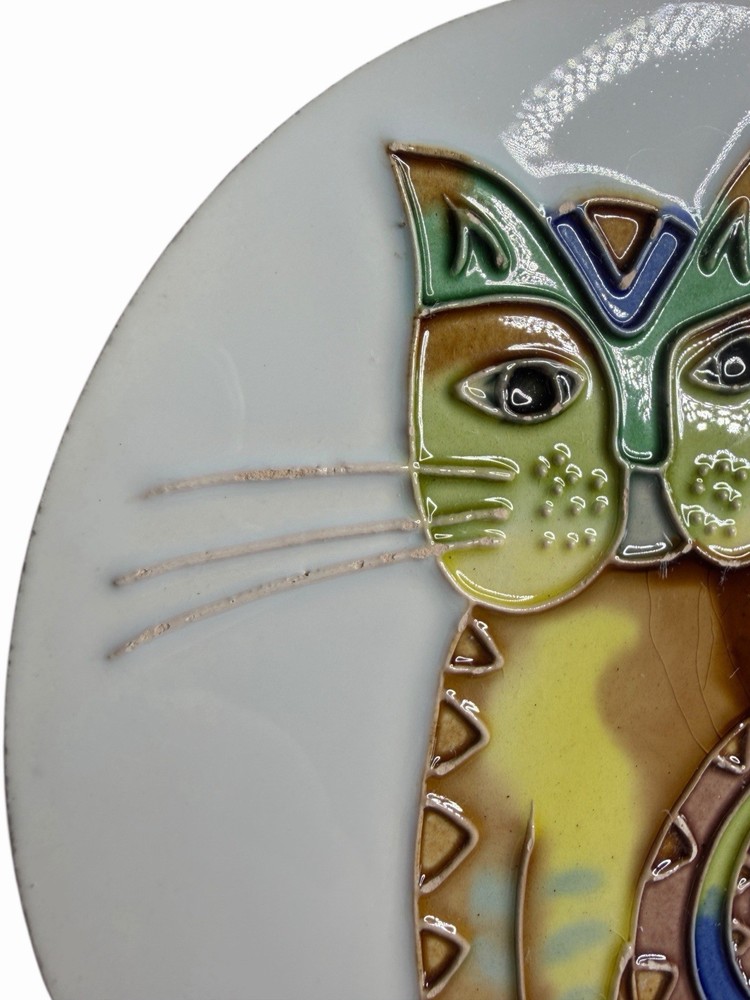 Studio Art Glazed Cat Tile Trivet Handmade Round Ceramic Display Decor 5.5”