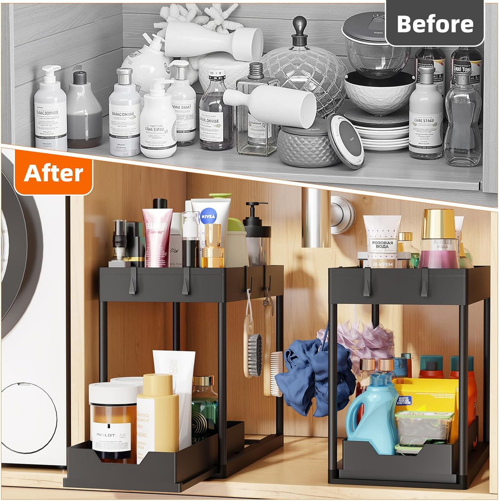 Under Sink Organizer 2 Pack, Sink Pull-Out Sliding Storage Cabinet, 2-Tier Under