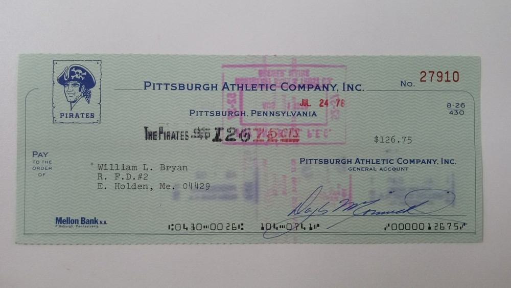 William L. Bryan: 1978 Pittsburgh Pirates Expense Check