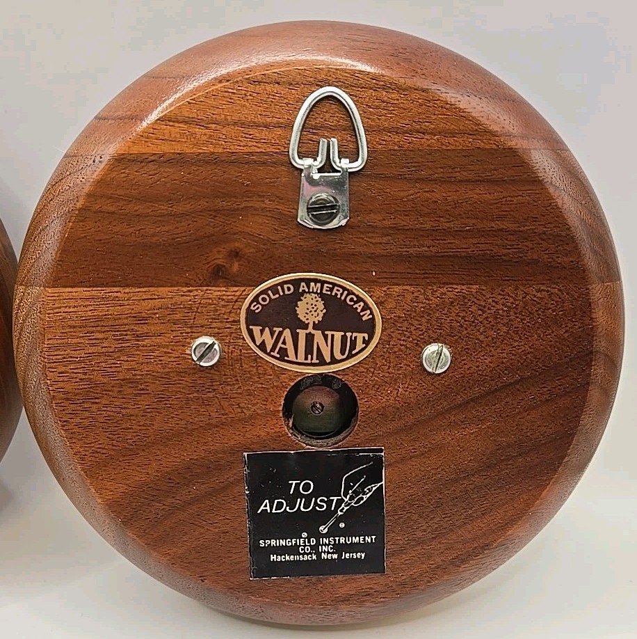 Vintage SPRINGFIELD Set Therometer & Barometer Solid American Walnut Round 5.5"