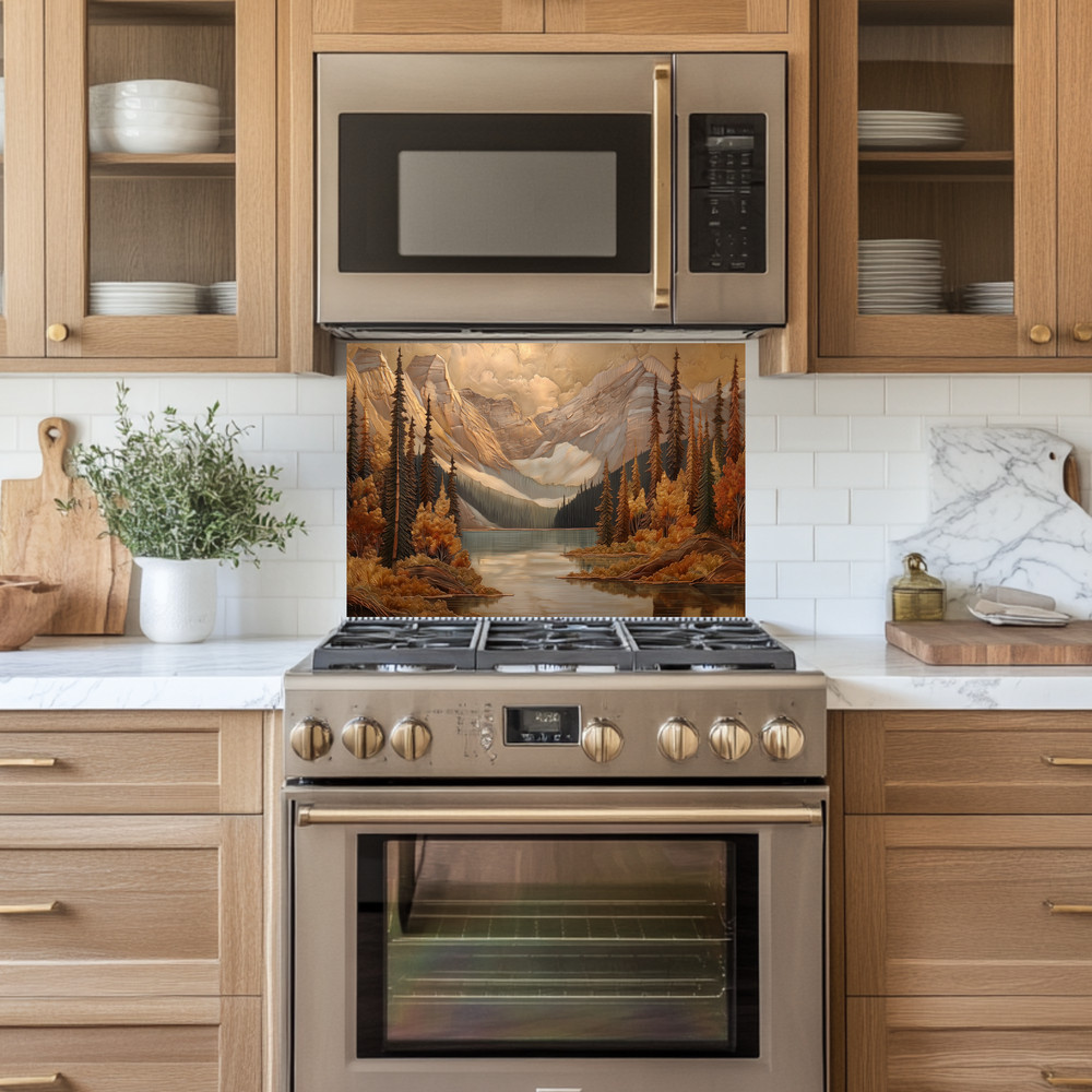 Pine Tree and Mountain Glass Backsplash, Tempered Glass Kitchen Splashback