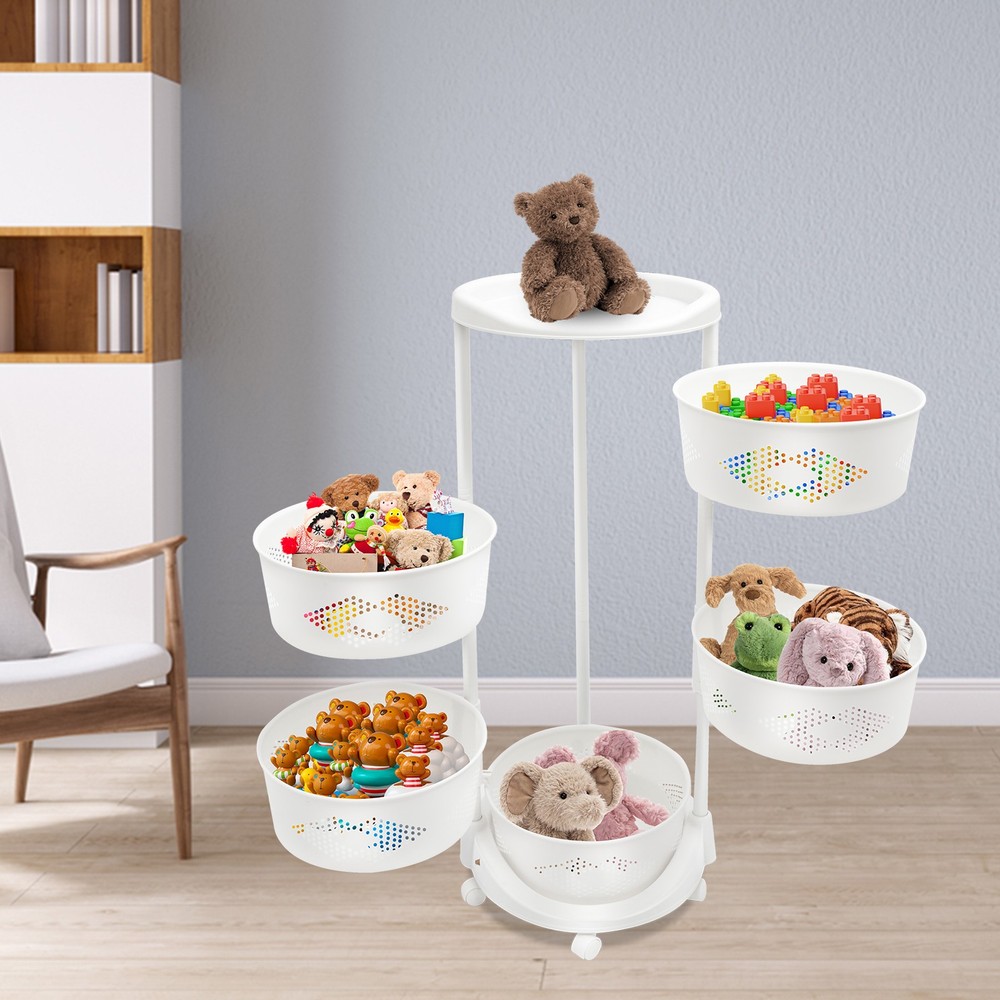 5-Tier Rotating Storage Shelf Kitchen Fruit Storage Basket Rack w/ Wheel