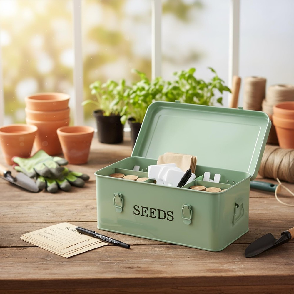 Seed Storage Organizer, 4 Compartment Metal Seed Saving Box with Lid and Safe...