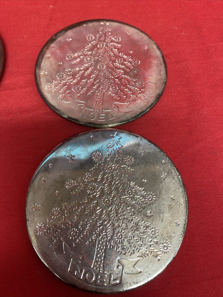 Silver Plated Christmas 7 Pcs Coaster Set Deeply Engraved Christmas Tree