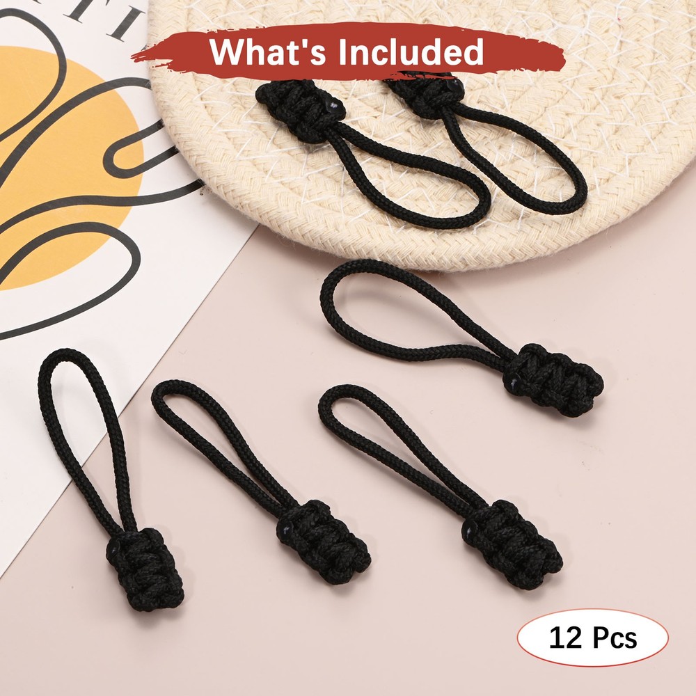 Zipper Pull Replacement [12PCS] - Extender Woven Rope Zipper Heads - [Black]