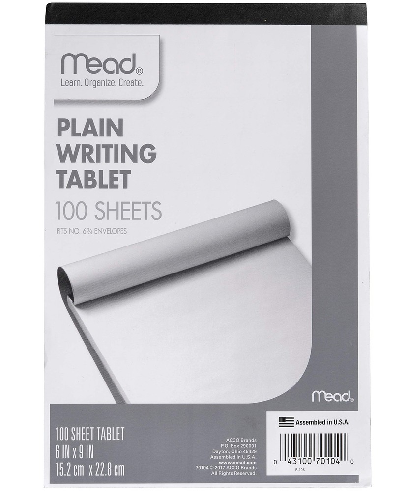 Writing Tablet, 6" x 9" Paper Pad, Plain Note Pad, 100 Sheets (70104)
