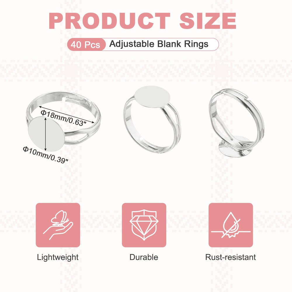 40 Pack 10mm Adjustable Blank Rings for Jewelry Making, Silver Tone