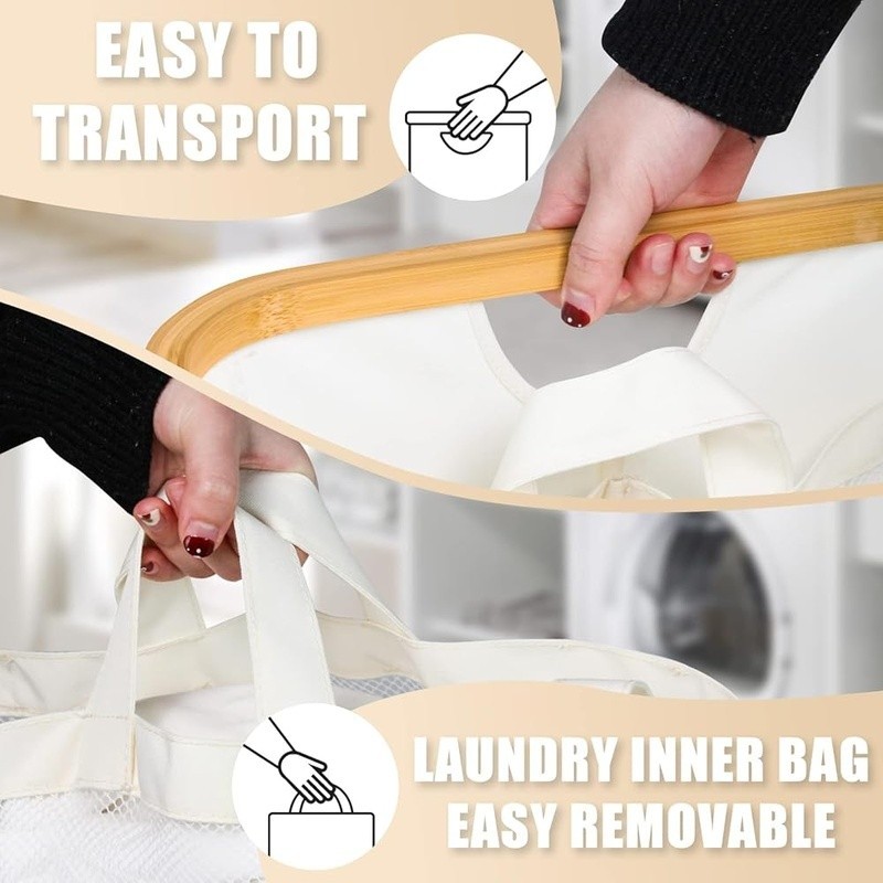 Bamboo Laundry Hamper W/ Lid Three Removable Bags Clothes Sorting Storage New