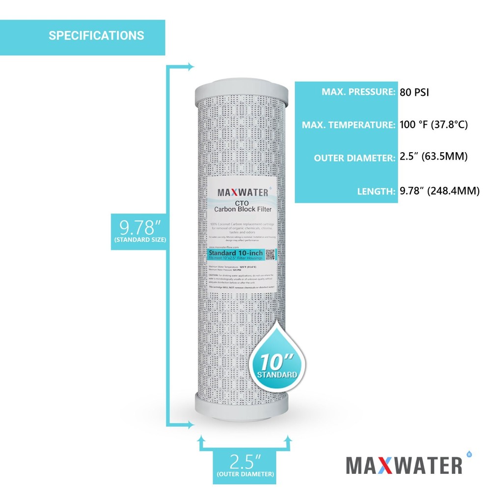 25 Pack 10" x 2.5" Coconut Shell CTO Carbon Block Water Filter, RO & Whole house