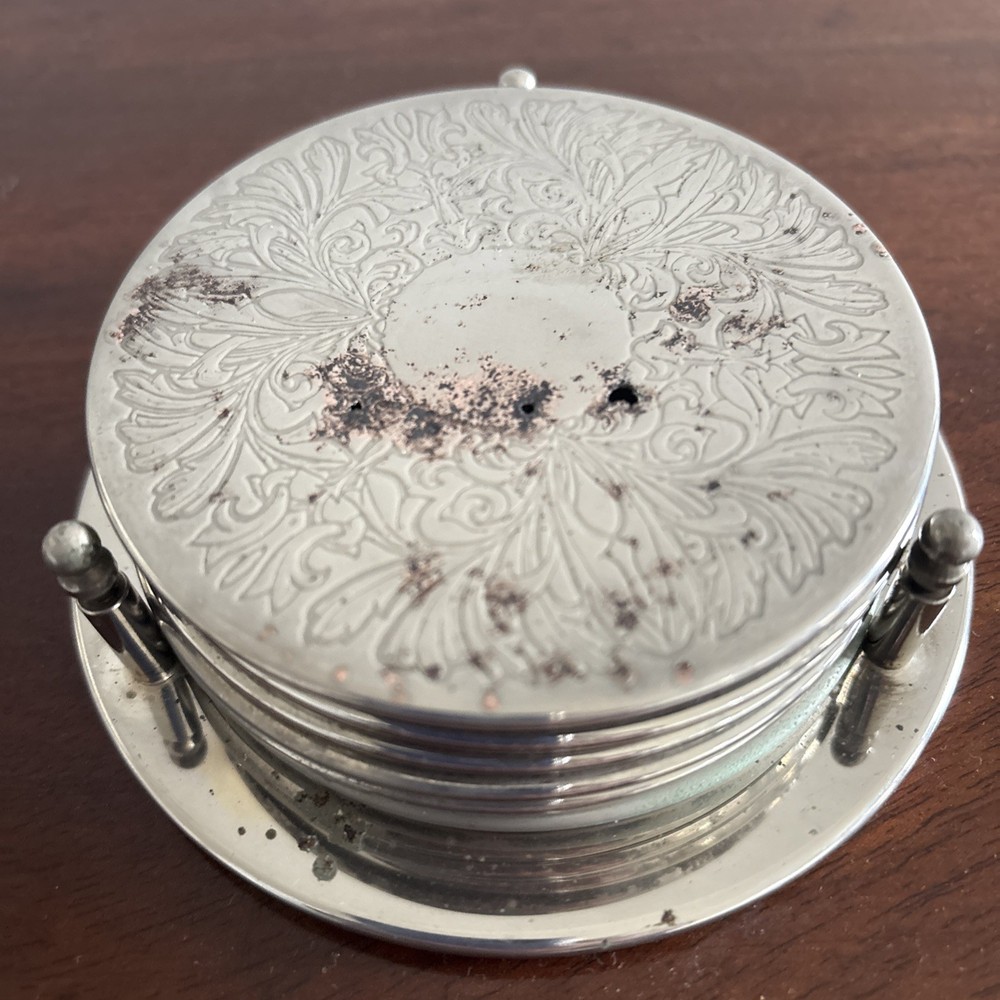 Vintage Silver Plated Coaster Set 6 Piece With Holder Engraved Tableware
