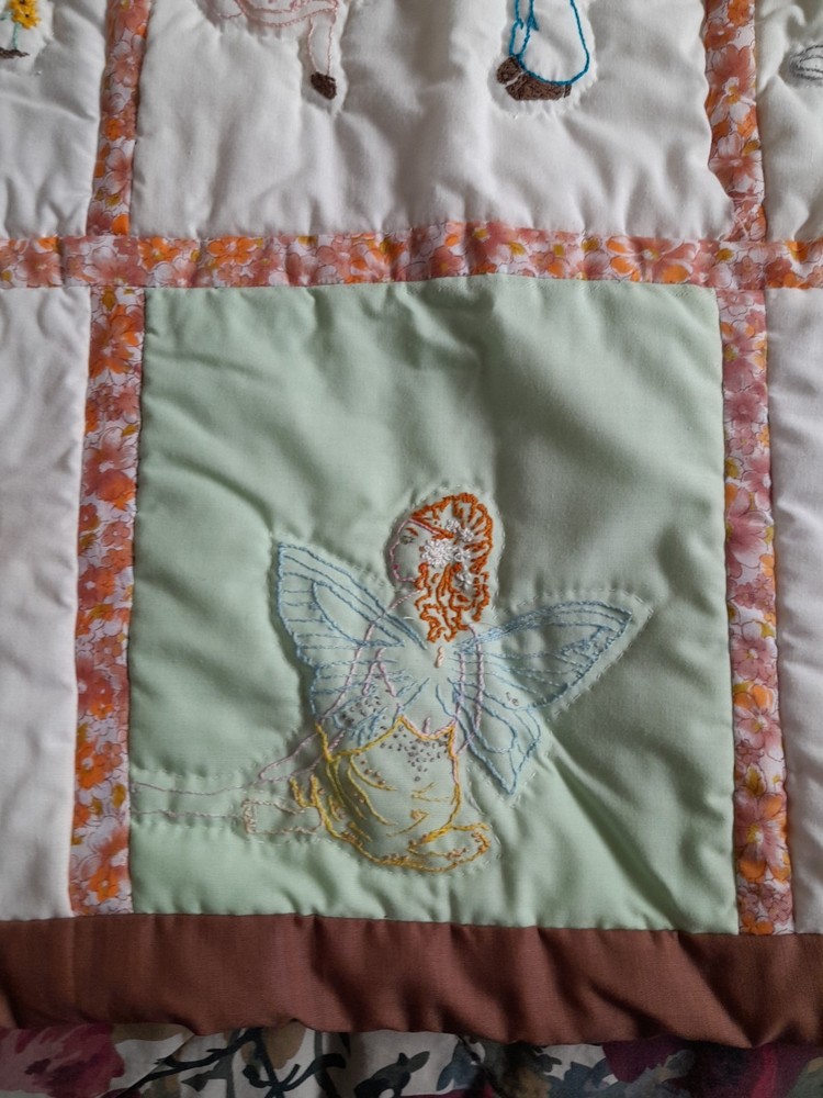 Vintage Handmade Embroidered Patchwork Crib Cot Pram Cover