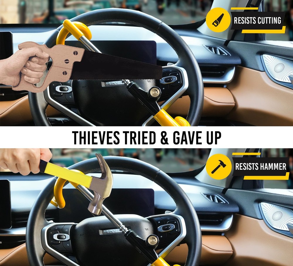 Ultra Secure Car Steering Wheel Lock, No Scratch Dual Locking Hooks, Black