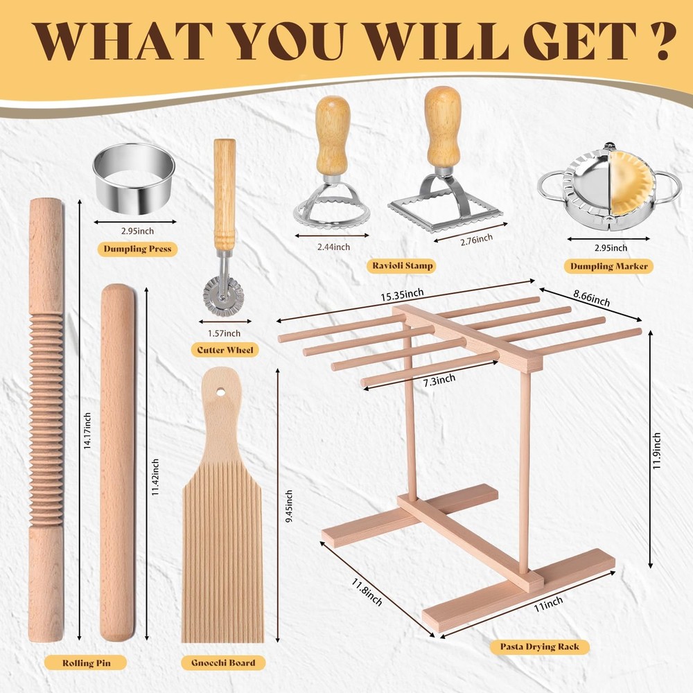Pasta Making Tools, 9 PCS Wood Kit with Large, 9