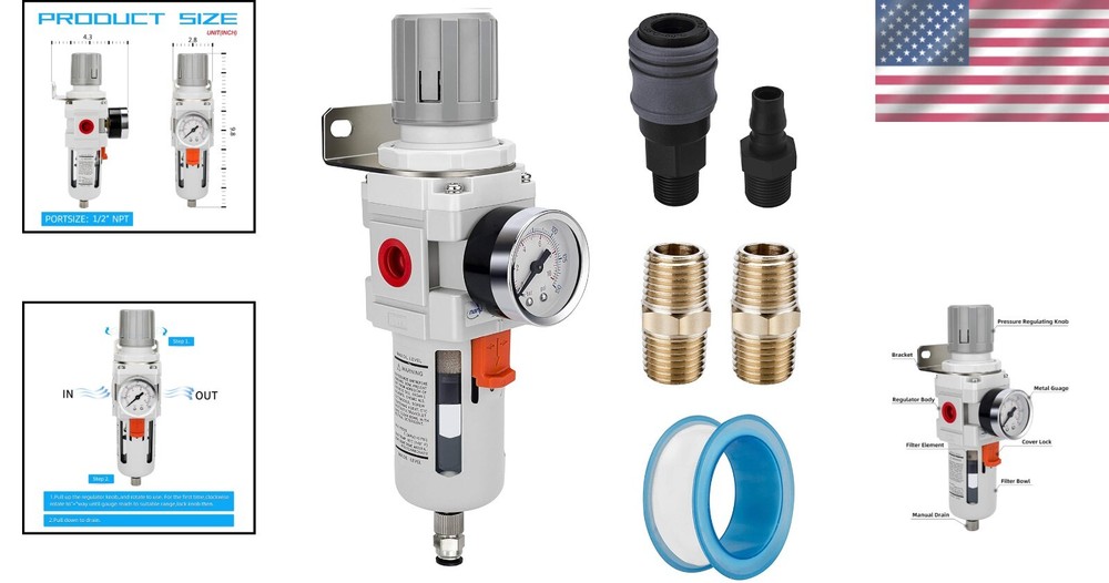 1/2" NPT Compressed Air Filter Regulator Combo with Semi-Auto Drain System