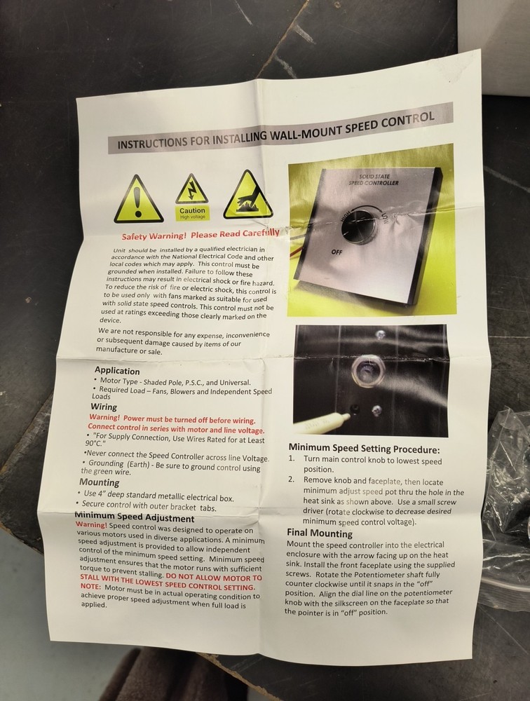 SOLID STATE SPEED CONTROL SWITCH FAN WALL MOUNT CONTROLLER 120V 50