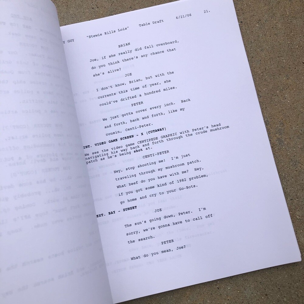 Family Guy 100th Episode 2006 Stewie Kills Lois Original Table Draft Script