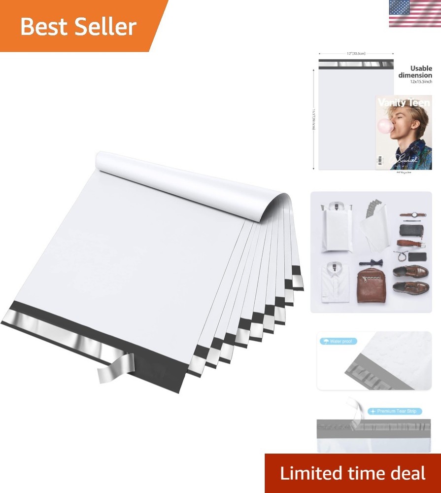 Durable Self-Sealing White Poly Mailers 12x15.5" - 100 Pcs for E-commerce