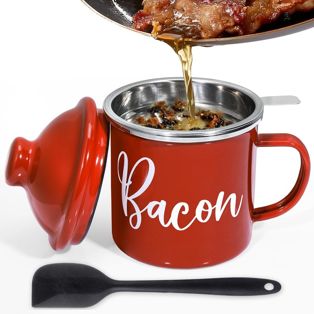 Bacon Grease Container with Strainer - 46oz Enamel 46oz, Red