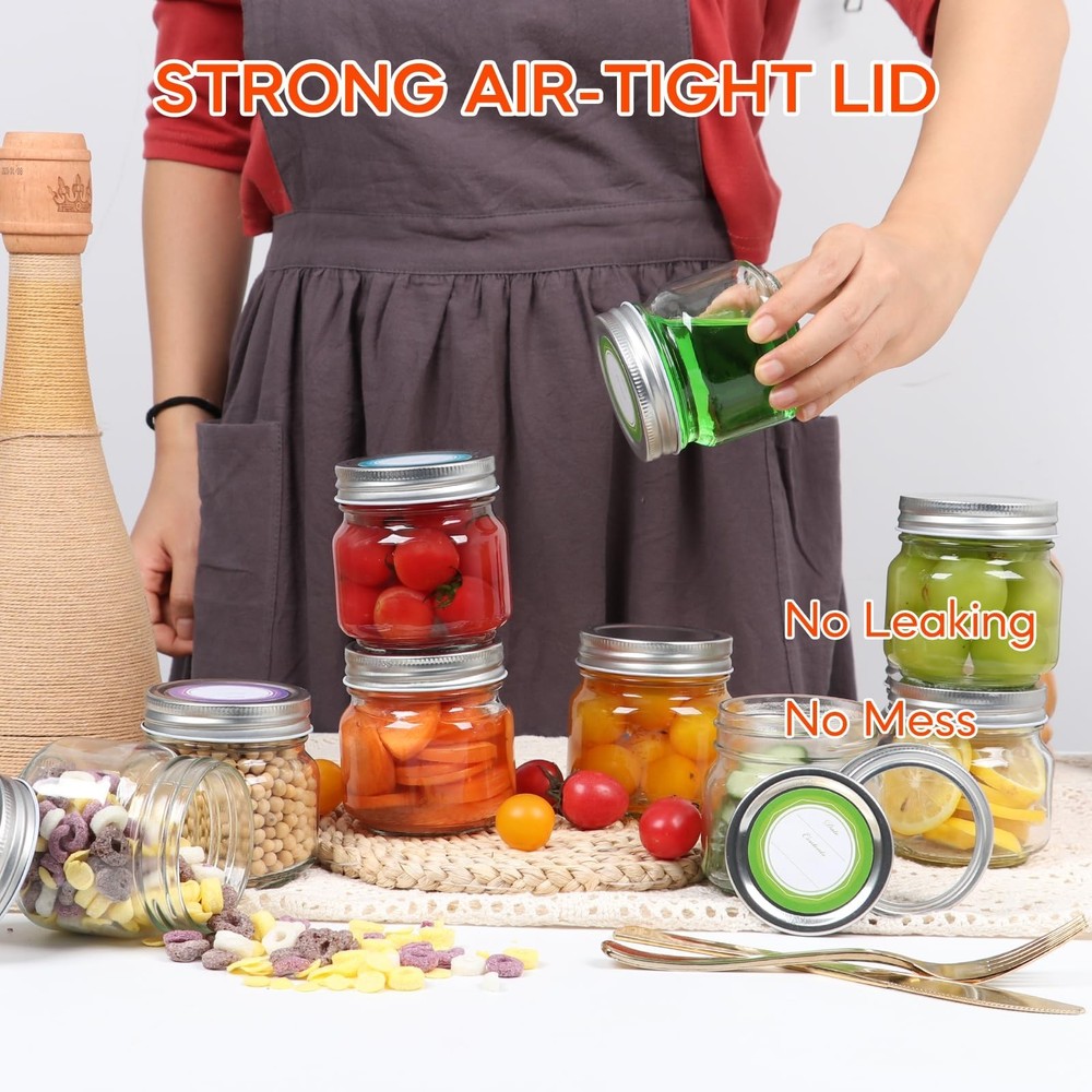 6 Pack Small Mason Jars 8 oz, Half Pint Canning Jars, 6 Split-Type Lids and E...