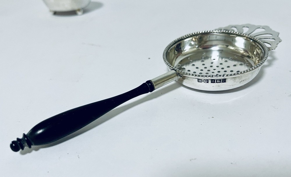 Antique Vintage Solid Sterling Silver Tea Leaf Strainer and Bowl 1965