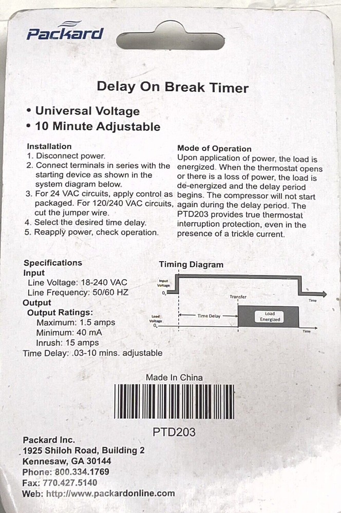 Packard Delay On Break Timer 0.3-10 minute Adjustable PTD203