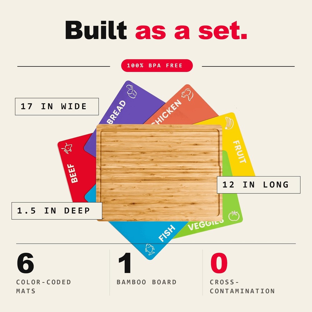 Best Cooler Kitchen Bamboo Cutting Board Set with 6 Color Coded Flexible Plastic