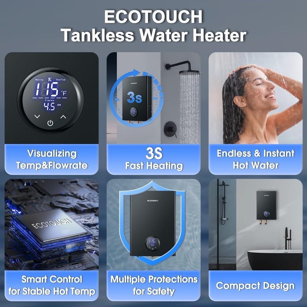 ECOTOUCH 24kW Tankless Water Heater 240V 5.8GPM On Demand Black