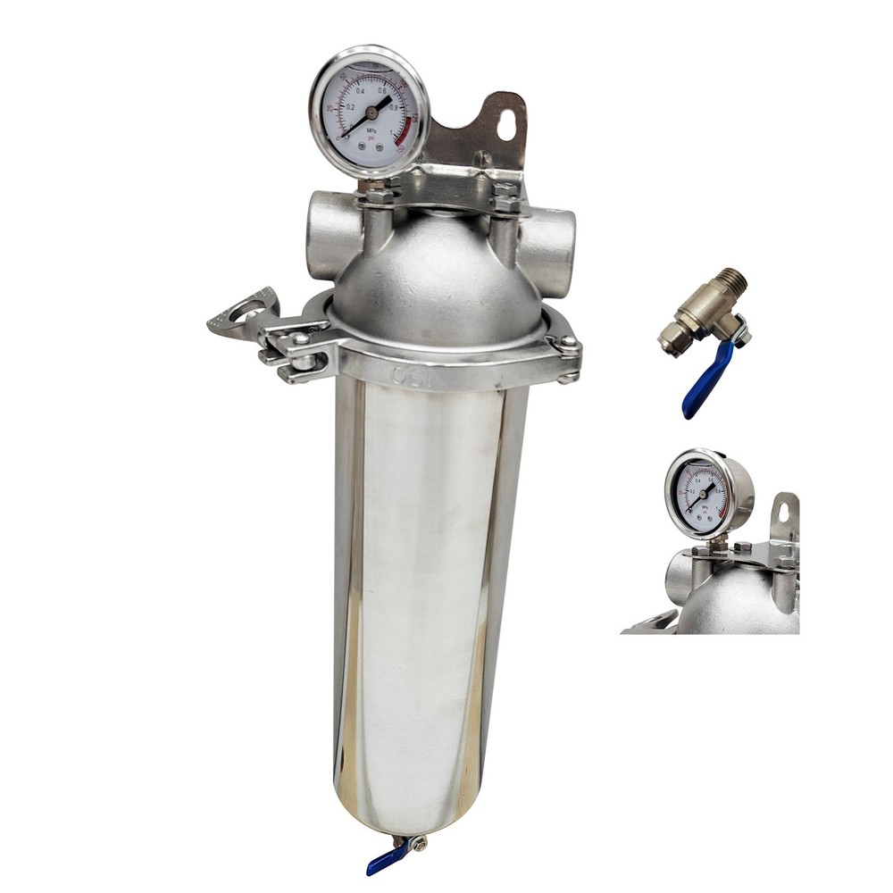 10" Corrosion-resistant Stainless Steel Filter w/Pressure Gauge 3/4"NPT 300 Mesh