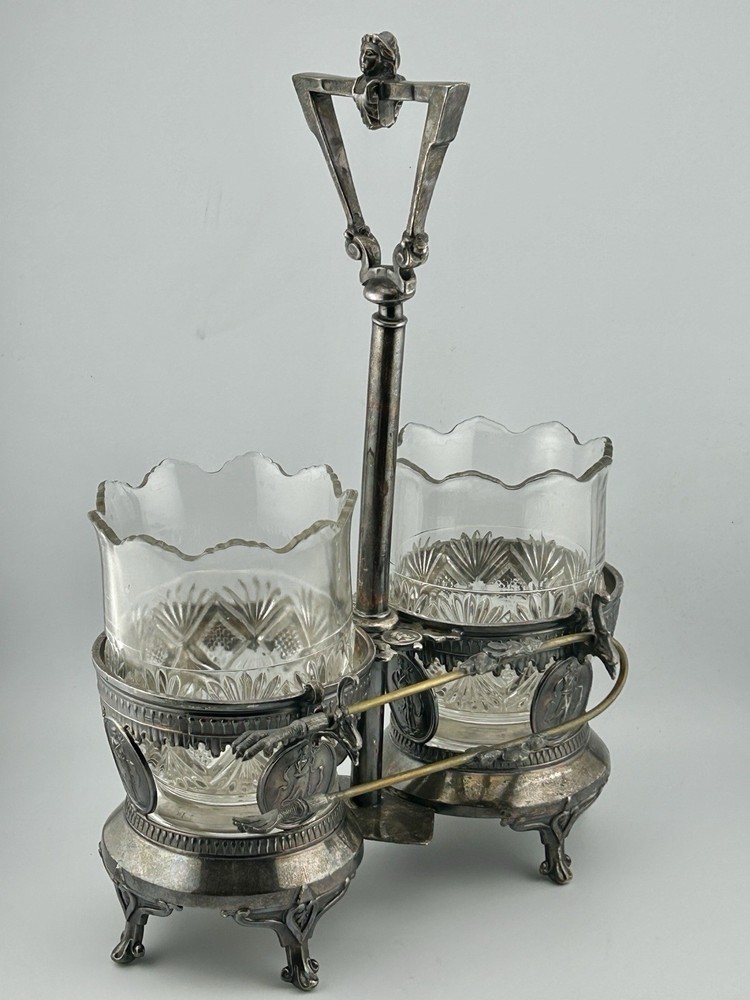 Antique Victorian Silver Plate Double Condiment Cruet EAPG Insert Pickle Fork