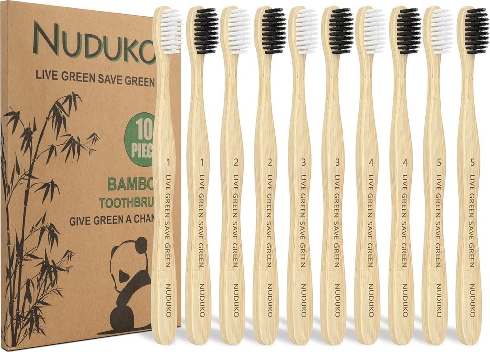 10 Pack Bamboo Toothbrushes - Soft Charcoal Bristles, Eco-Friendly & Biodegra...