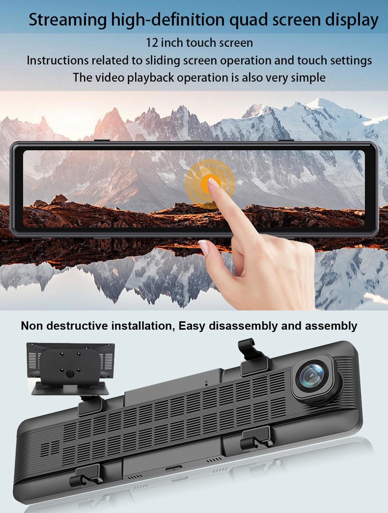 12 "Touch Screen 4 Channels 4K Dash Cam 360° Panoramic Dashboard Rearview Mirror