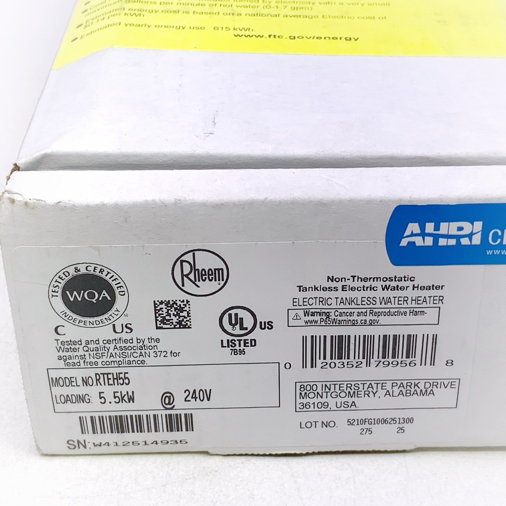 Rheem Non-Thermostatic Commercial Tankless Electric Water Heater 5.5kW, RTEH55