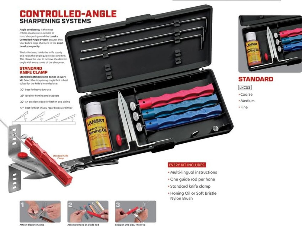 Lansky Standard Knife Sharpening System: 3-Stone Ceramic Knife Sharpener Kit ...