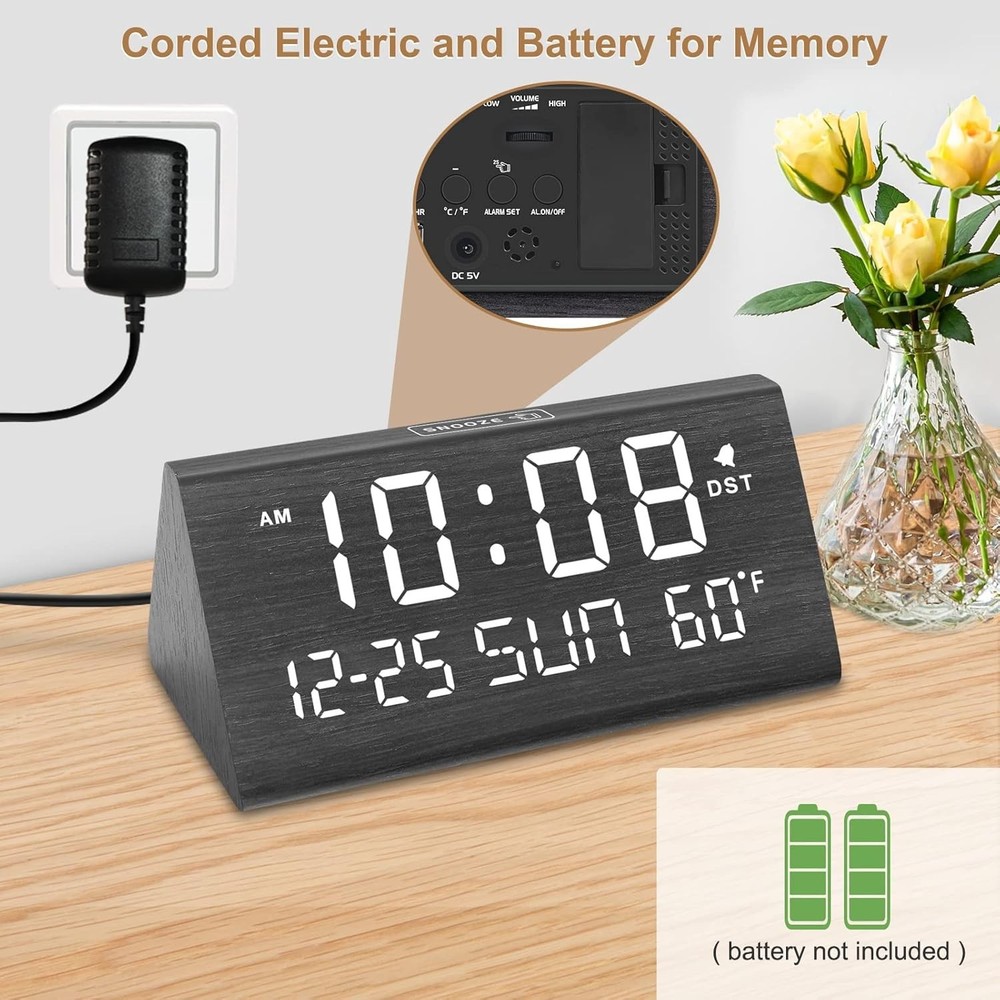 Versatile USB Wooden Alarm Clock with Adjustable Volume & Brightness Control