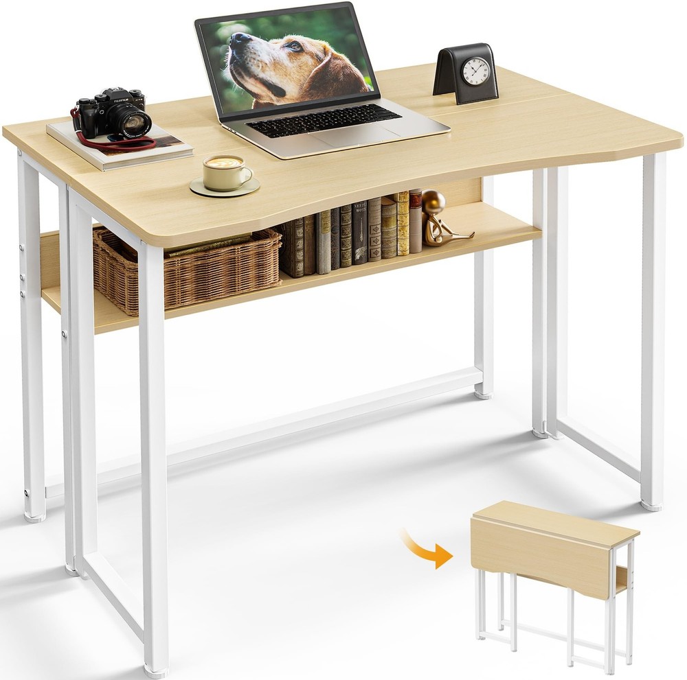 Huuger Folding Desk with Storage Shelf, 31.5 Inch Foldable Computer Table for...