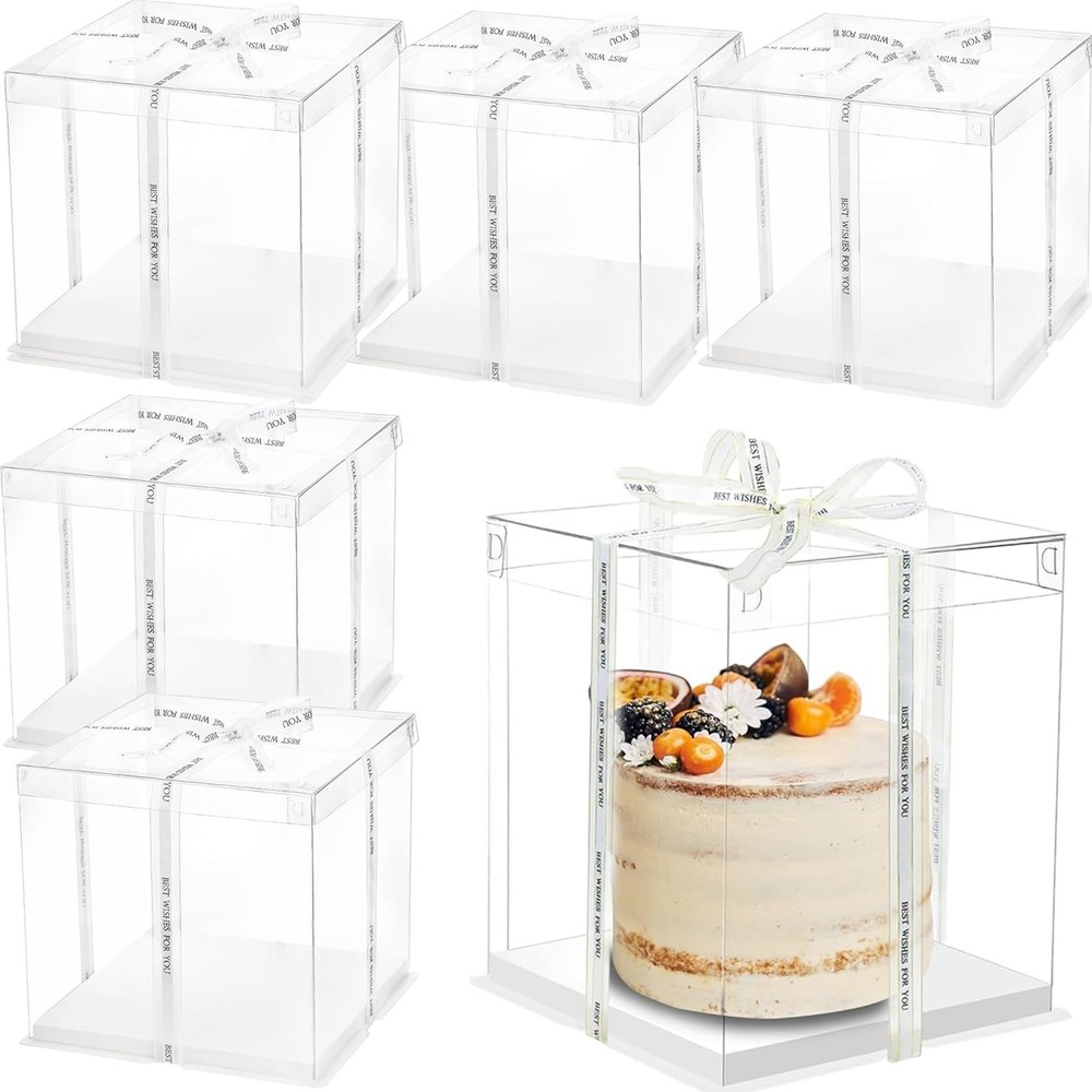 NROZIET 6 Pack Clear Cake Box, 2-Layer Transparent Cakes Box with