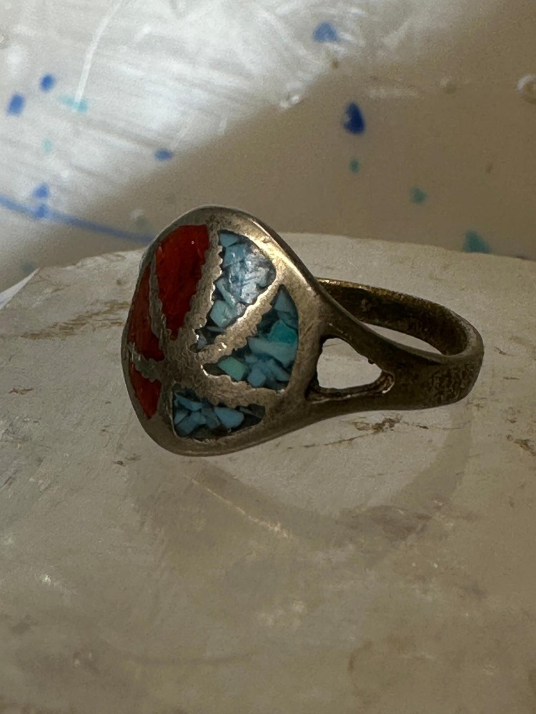 Marijuana leaf ring size 5.75 turquoise chips coral sterling silver women