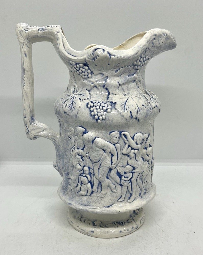 Cherub Grapes Relief Pitcher Blue On White Signed