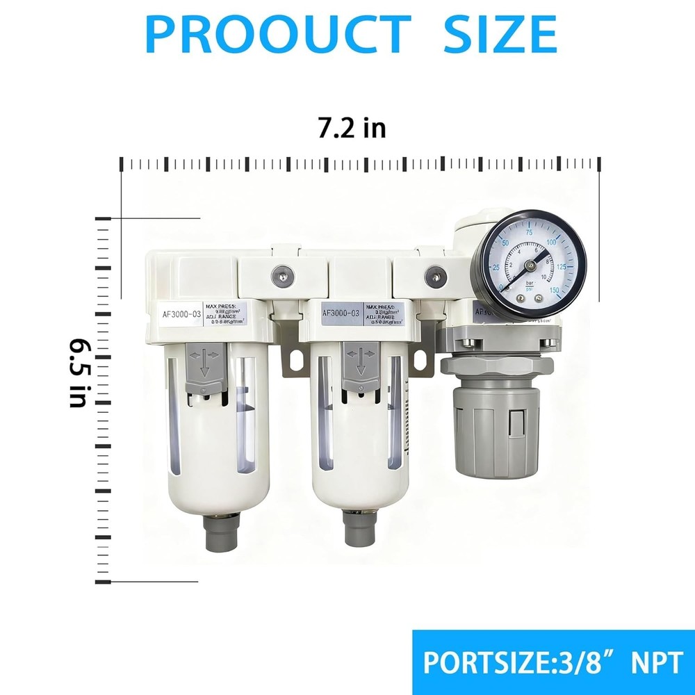 3/8" NPT Compressed Air Filter Regulator Lubricator Combo-Double,Semi-Auto Drain