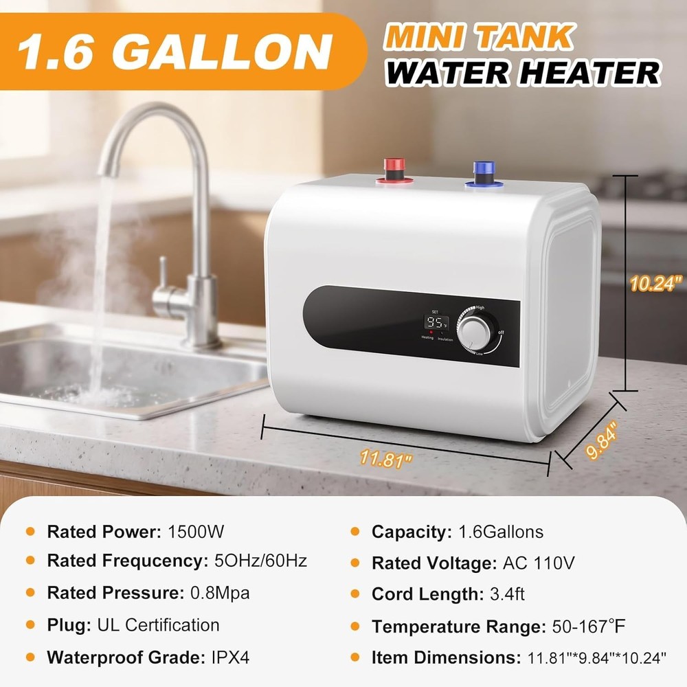 1.6 Gallon Mini Tank Water Heater 110V, 1500W - Kitchen, Office, RV, Under Sink