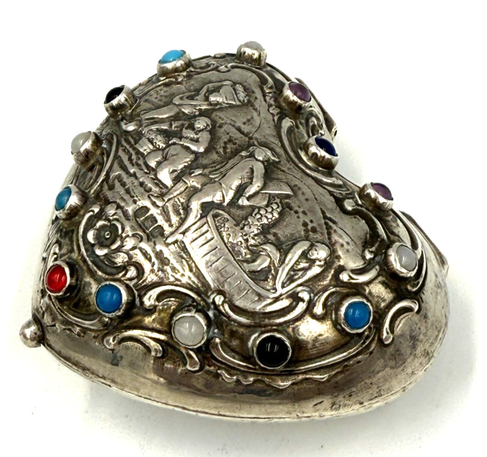 Antique Large Solid Silver Heart Shaped Box Cabochon Set With Gemstones in Lid