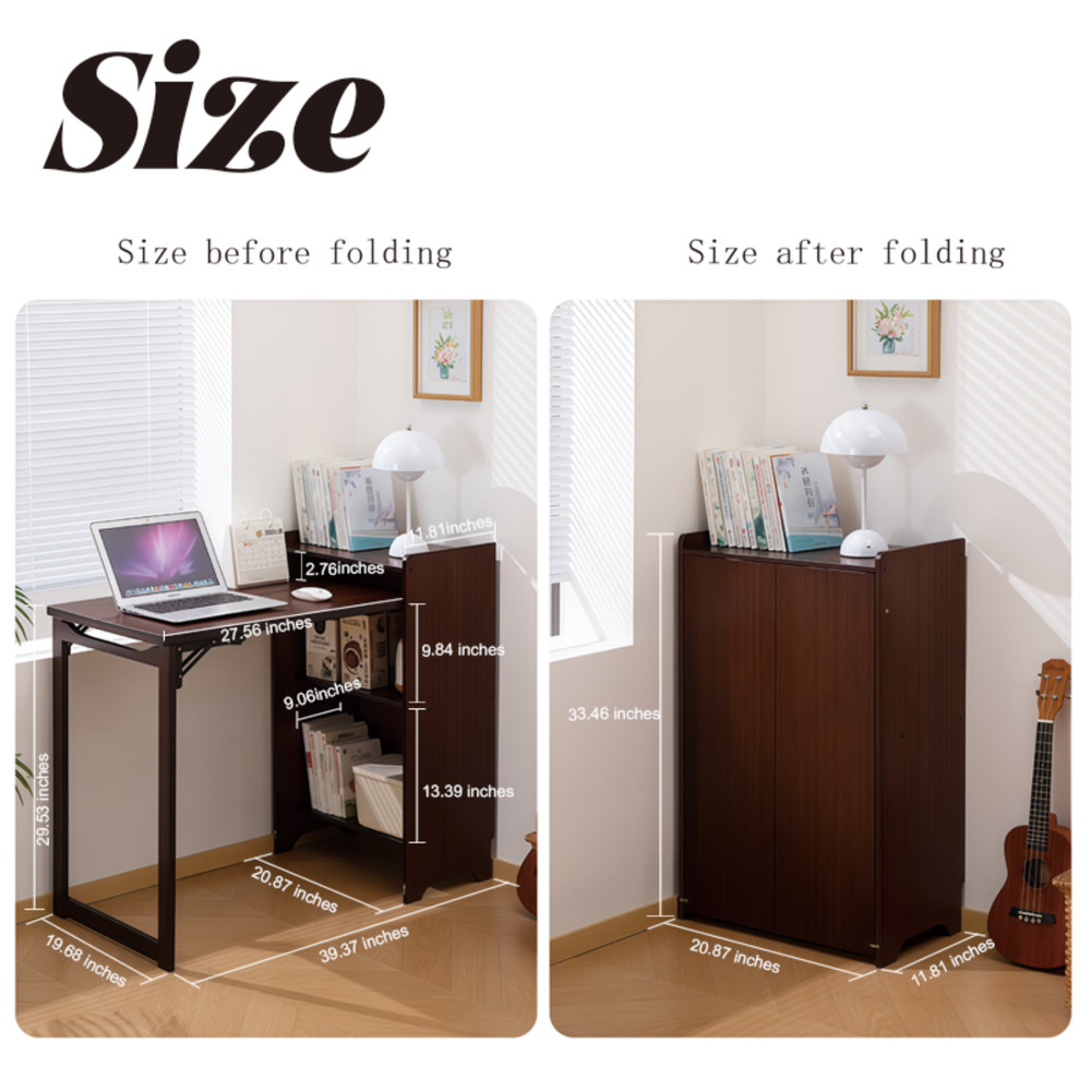 MultiFunctional Bamboo Folding Computer Desk w/ Hidden Storage for Small Space