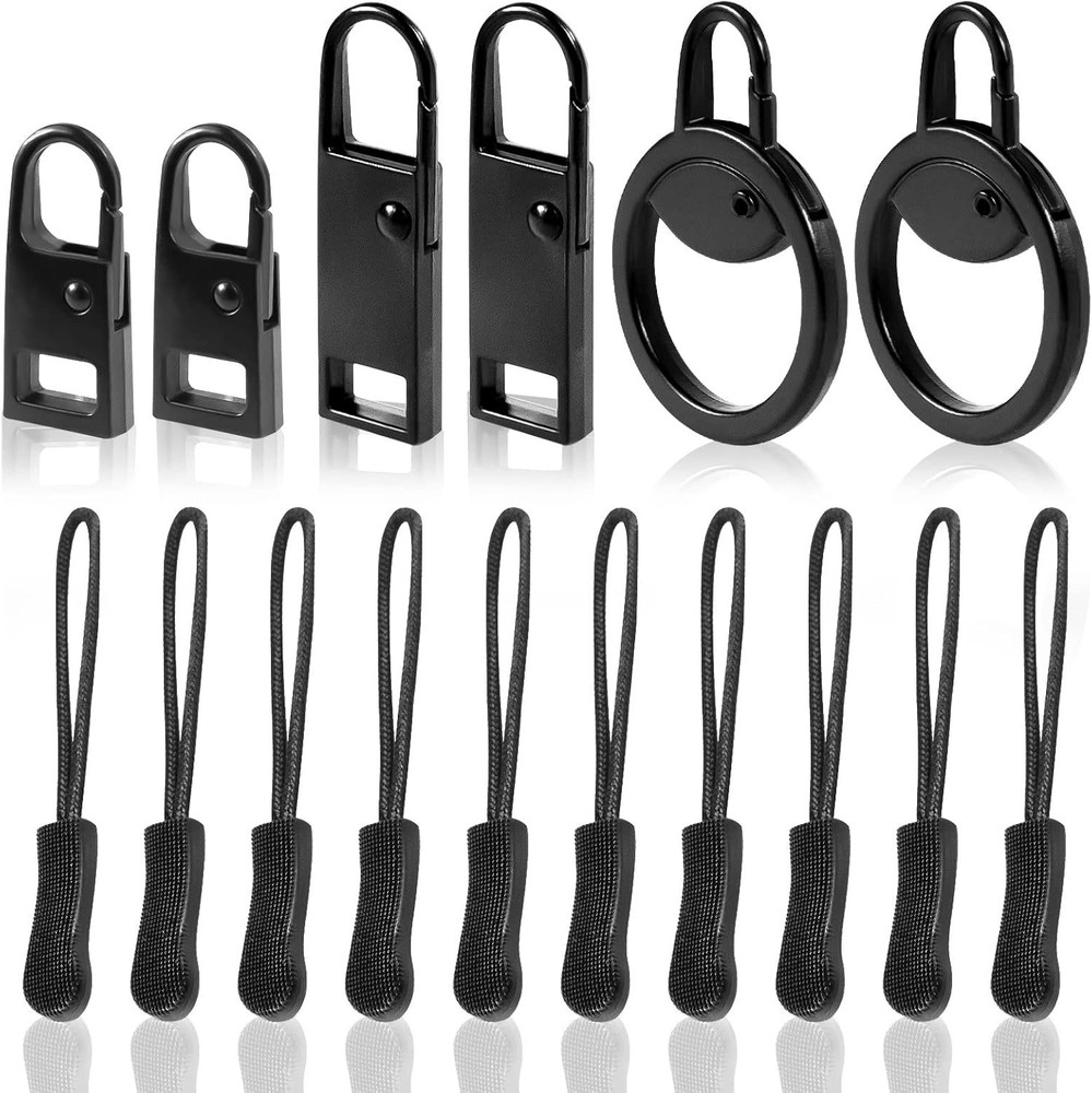 16 PCS Zipper Pull Tab Replacement Metal Handle Fixer，Zipper Tag Cord black