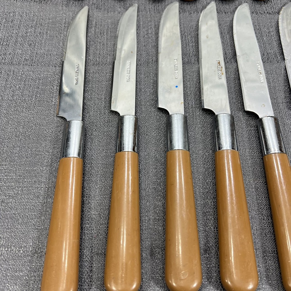 Vintage 20 Piece Butterscotch/Brown Plastic Handles Stainless Flatware
