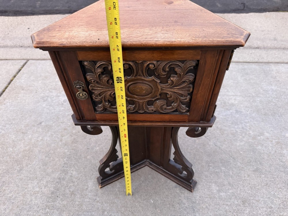 Triangular 1920 American Carved Chairside Table Humidor Smoking Stand Copper
