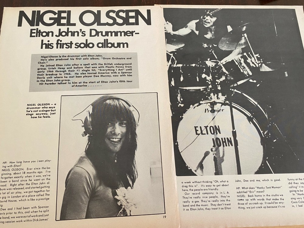Nigel Olssen, Elton John, Two Page Vintage Clipping