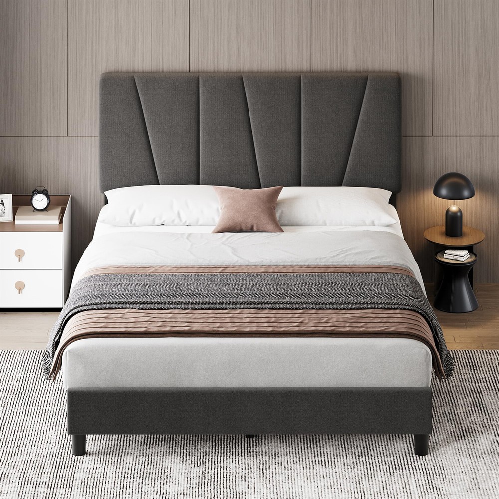 ⏯⏯✅FULL Bed Frame Upholstered with Adjustable Diagonal Channel Tufted Headboard