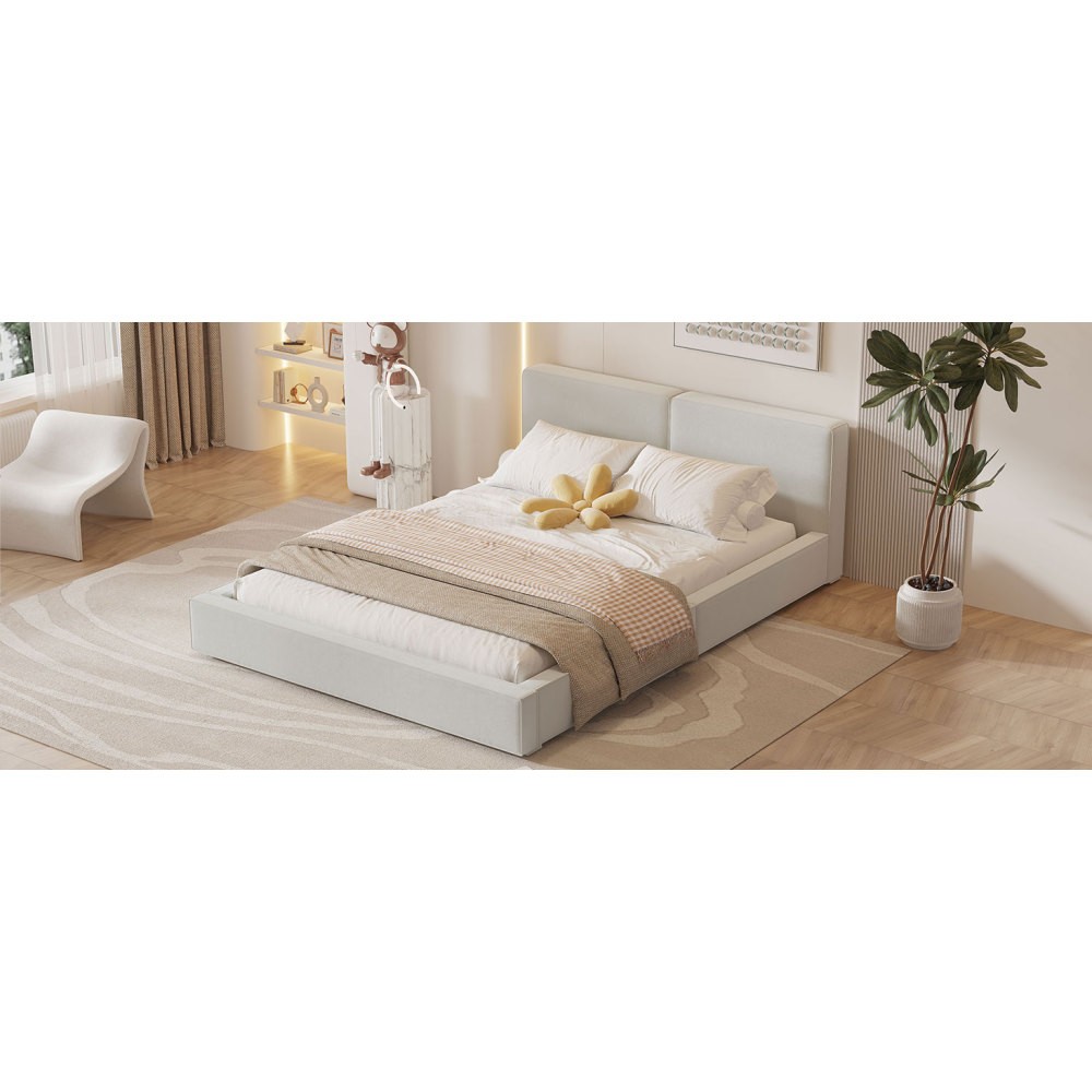 Queen Size Upholstered Platform Bed with Velvet Fabric, Grounded Bed