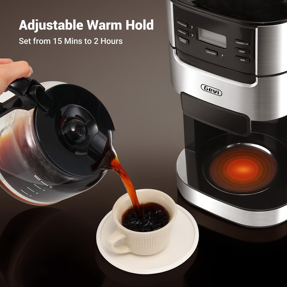 Gevi 10-Cup Drip Coffee Maker with Built-in Burr Grinder & Programmable Timer